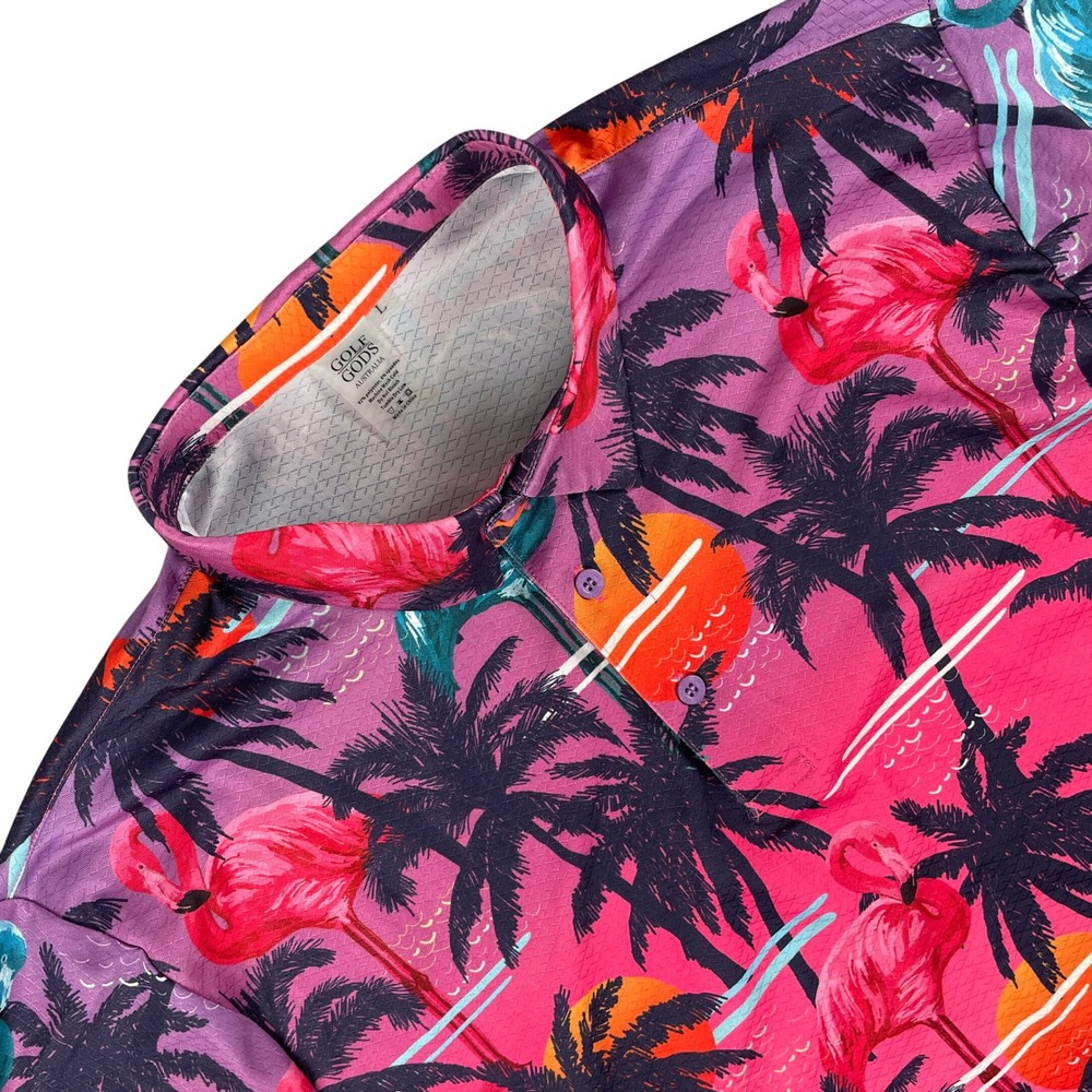 Golf Gods Polo Shirt Mens L Pink‎ Flamingo Palm Tree Graphic Short Sleeve Golf